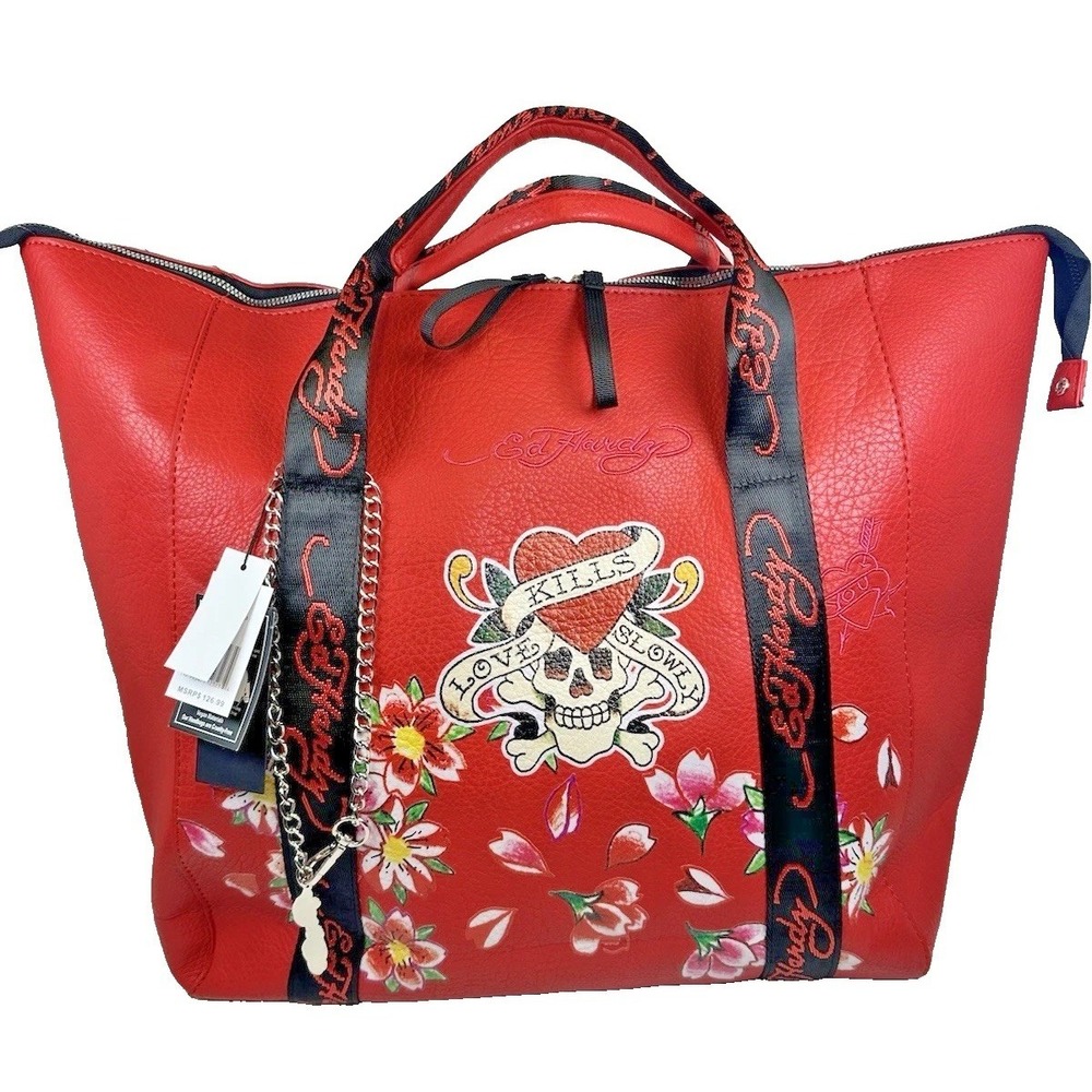 Ed Hardy Red Tote Bag Love Kills Slowly Skull Tiger Floral Lining NWT Y2K